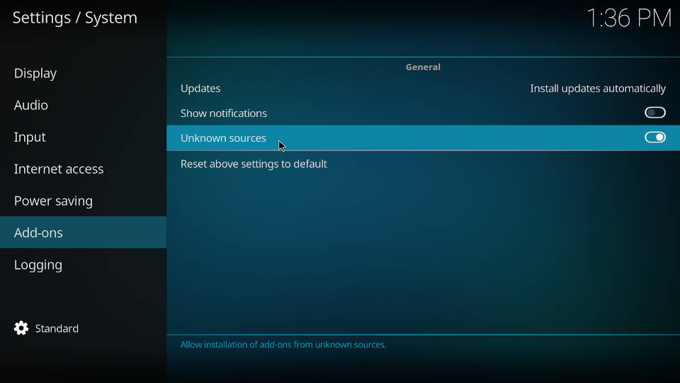 Enable unknown sources on Kodi - Step 5