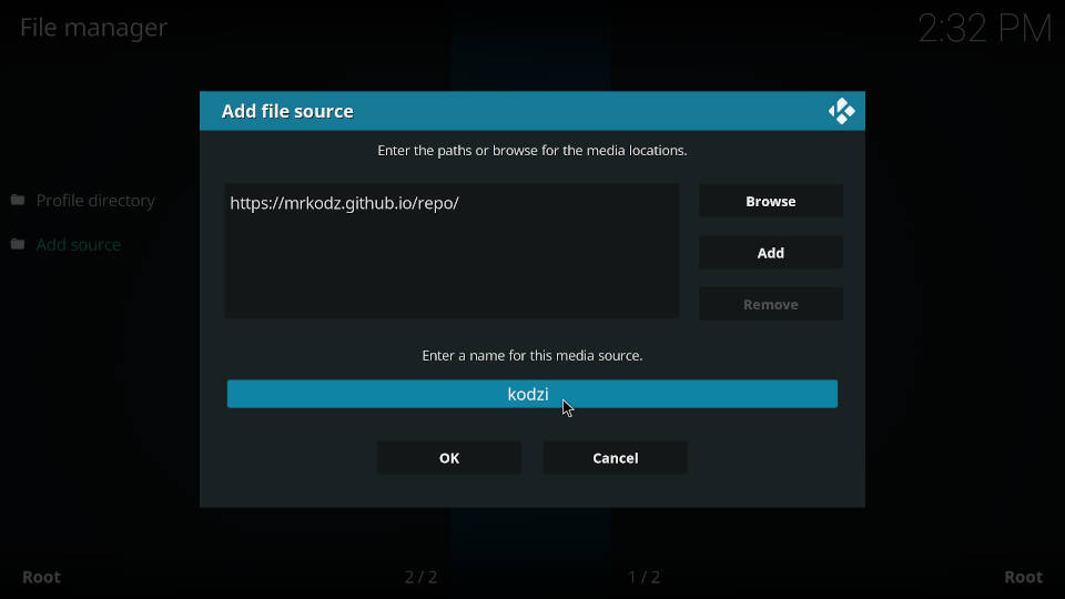 How to add a source in Kodi file manager - Step 6