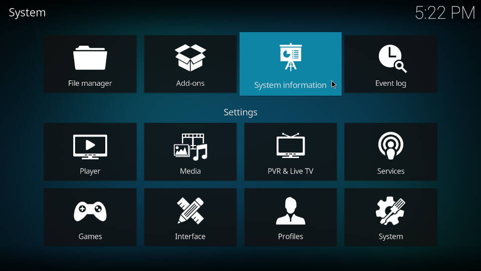 Paramètres Kodi - Cliquez sur les informations du système