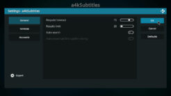 a4kSubtitles Kodi Addon General Settings