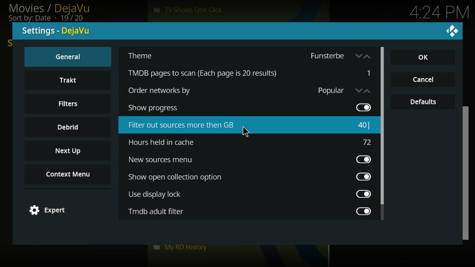 DejaVu Kodi Addon Settings Filter Out Sources more than GB