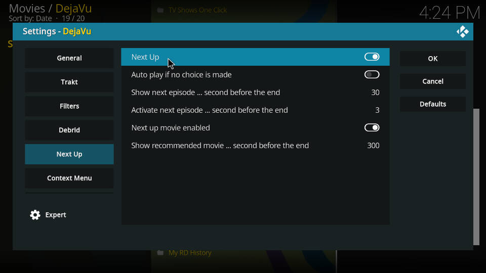 DejaVu Kodi Addon Settings Next Up