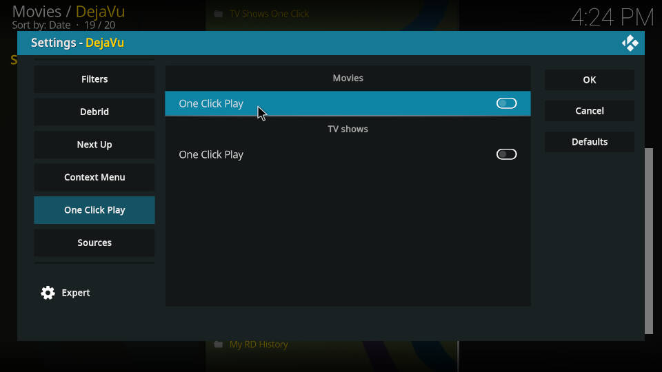 DejaVu Kodi Addon Settings One Click Play