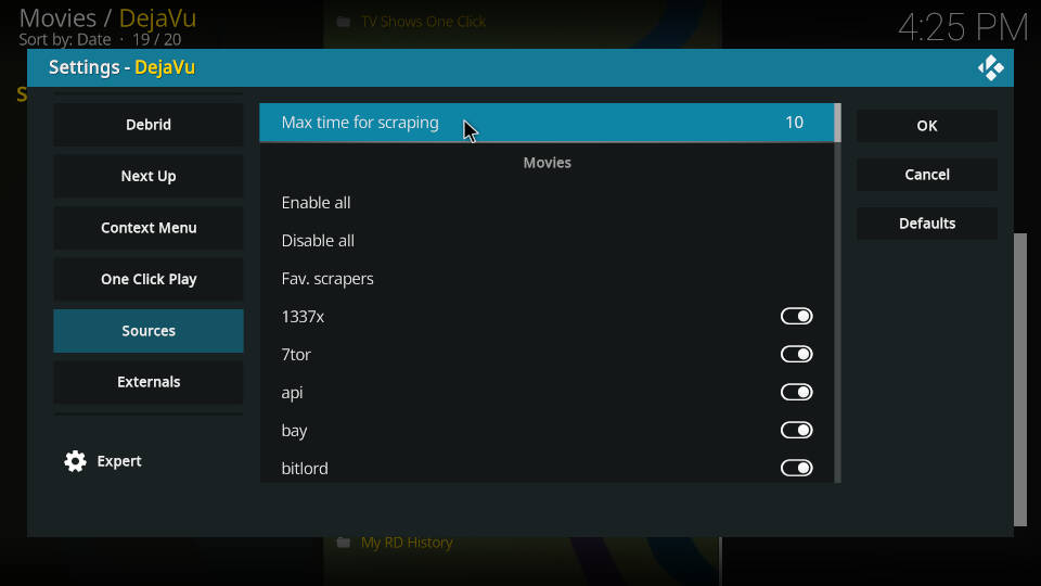DejaVu Kodi Addon Enable and Disbales Sources and Scrapers