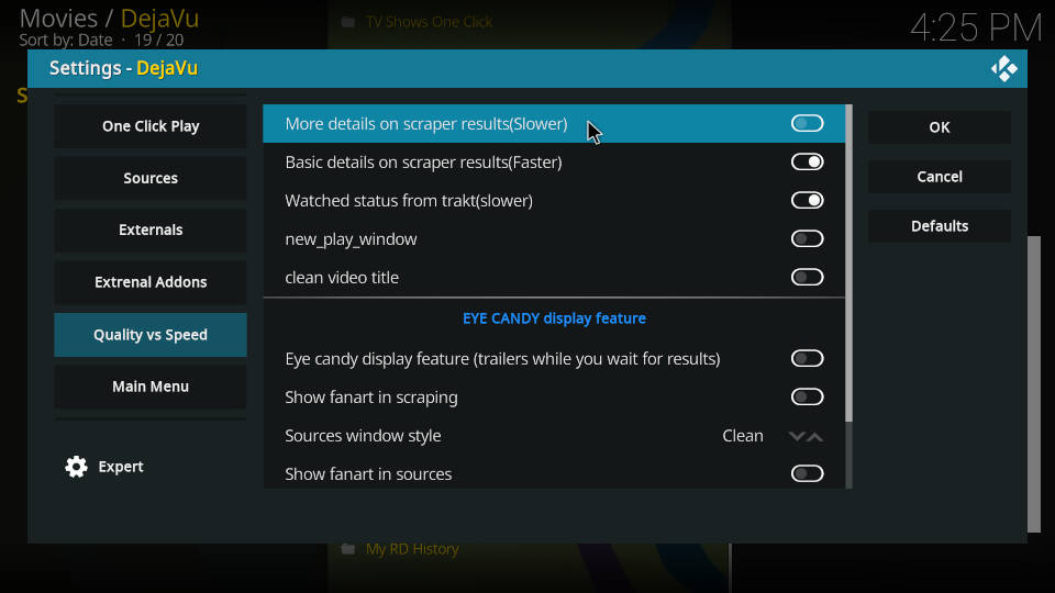 DejaVu Kodi Addon Settings Quality vs Speed