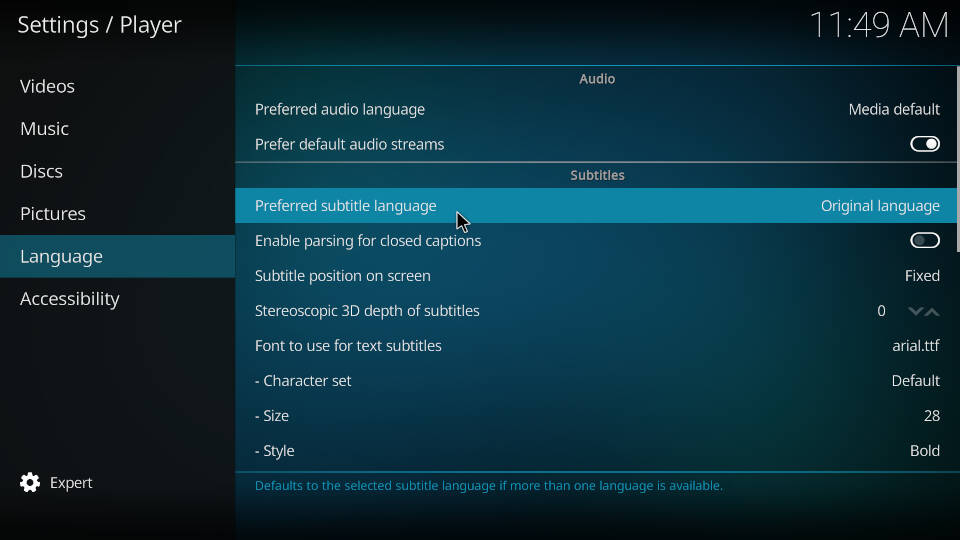 How to change preferred subtitle language in Kodi settings - Step 1
