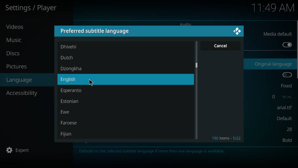 How to change preferred subtitle language in Kodi settings - Step 2